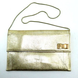 Vtg 80s Shirl Miller Clutch Purse S Gold Leather Envelope Clutch Chain Bow